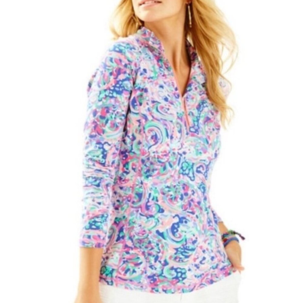 Lilly Pulitzer Weekender La Playa Pink Purple Blue Half Zip Pull Over EUC sz S